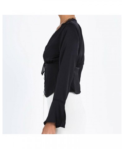 Women Lace Trim V Neck Long Sleeve Crop Top Satin Going Out Tops Tie Front Bell Sleeve Blouse Shirts Black $9.68 Blouses