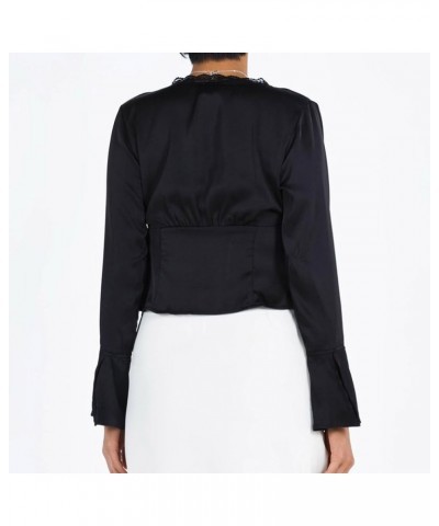 Women Lace Trim V Neck Long Sleeve Crop Top Satin Going Out Tops Tie Front Bell Sleeve Blouse Shirts Black $9.68 Blouses