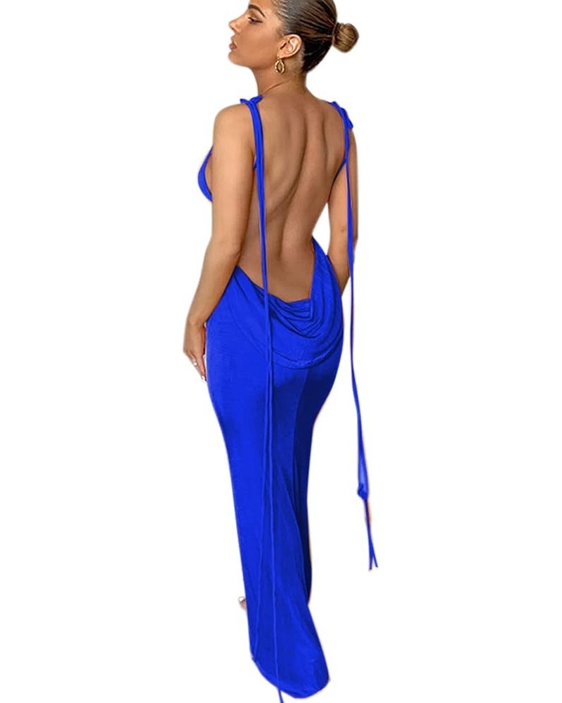 Women Maxi Dress Sexy Backless Draped Elegant Sleeveless Spaghetti Strap Evening Long Dress for Club Party Beach Blue $22.02 ...