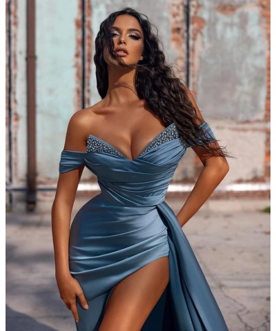 Prom Dresses Satin Ball Gown 2024 Off Shoulder Mermaid Long Slit Beaded Formal Evening Party Bridesmaid Gowns for Women Hot P...