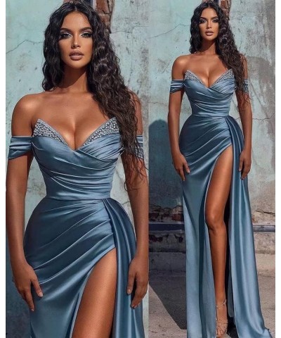 Prom Dresses Satin Ball Gown 2024 Off Shoulder Mermaid Long Slit Beaded Formal Evening Party Bridesmaid Gowns for Women Hot P...