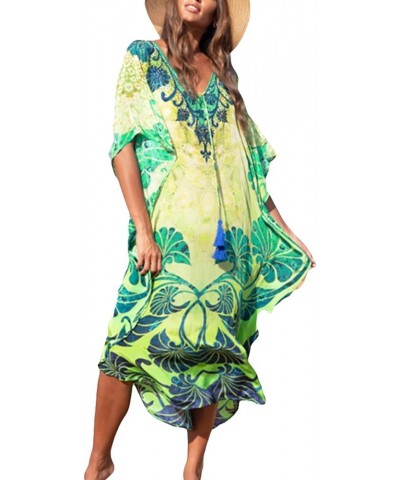 Women Beachwear Turkish Kaftans Long Swimsuit Cover up Caftan Beach Dress Green and Yellow $20.05 Swimsuits