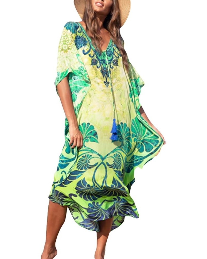 Women Beachwear Turkish Kaftans Long Swimsuit Cover up Caftan Beach Dress Green and Yellow $20.05 Swimsuits