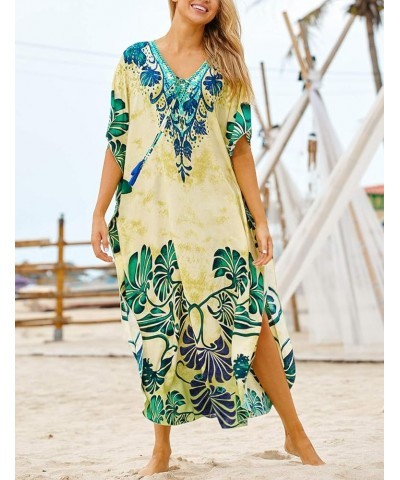 Women Beachwear Turkish Kaftans Long Swimsuit Cover up Caftan Beach Dress Green and Yellow $20.05 Swimsuits