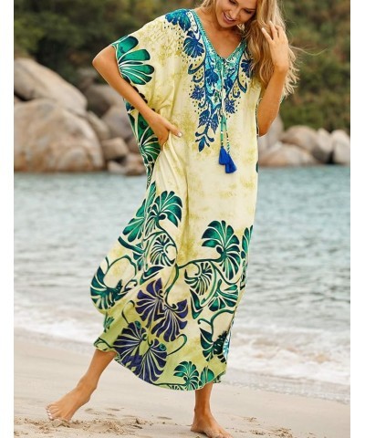 Women Beachwear Turkish Kaftans Long Swimsuit Cover up Caftan Beach Dress Green and Yellow $20.05 Swimsuits