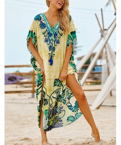 Women Beachwear Turkish Kaftans Long Swimsuit Cover up Caftan Beach Dress Green and Yellow $20.05 Swimsuits