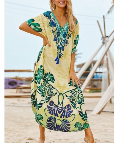 Women Beachwear Turkish Kaftans Long Swimsuit Cover up Caftan Beach Dress Green and Yellow $20.05 Swimsuits