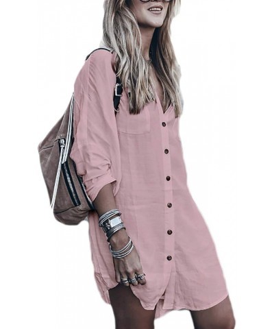 Women Loose Long Sleeve Swimsuit Cover Ups Button Down Beach Shirt Pink $17.67 Swimsuits