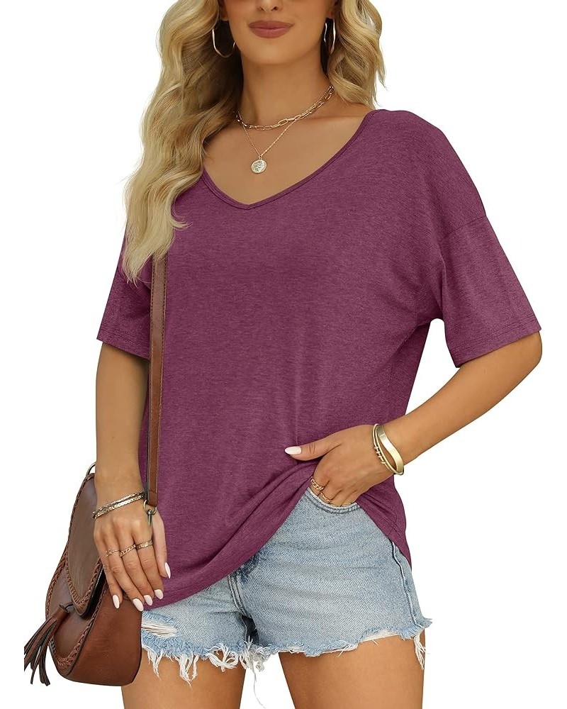 Women's Half Sleeve T Shirts Fashion V Neck Oversized Loose Tops Solid Casual Basic Blouses Wine $14.49 T-Shirts