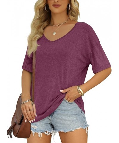 Women's Half Sleeve T Shirts Fashion V Neck Oversized Loose Tops Solid Casual Basic Blouses Wine $14.49 T-Shirts