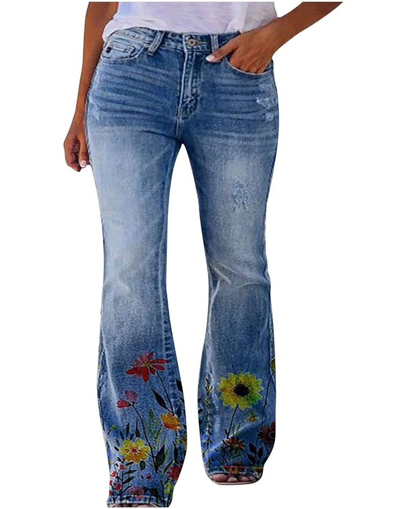 Women's Flare Bell Bottom Jeans Button High Waist Bootcut Pants Stylish Floral Print Stretch Skinny Casual Denim Pant 05 Blue...