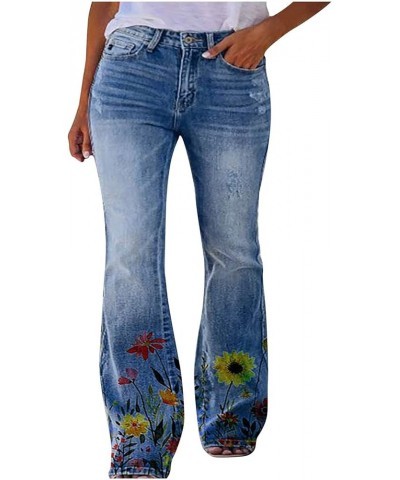 Women's Flare Bell Bottom Jeans Button High Waist Bootcut Pants Stylish Floral Print Stretch Skinny Casual Denim Pant 05 Blue...