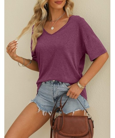 Women's Half Sleeve T Shirts Fashion V Neck Oversized Loose Tops Solid Casual Basic Blouses Wine $14.49 T-Shirts