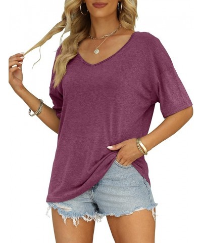 Women's Half Sleeve T Shirts Fashion V Neck Oversized Loose Tops Solid Casual Basic Blouses Wine $14.49 T-Shirts