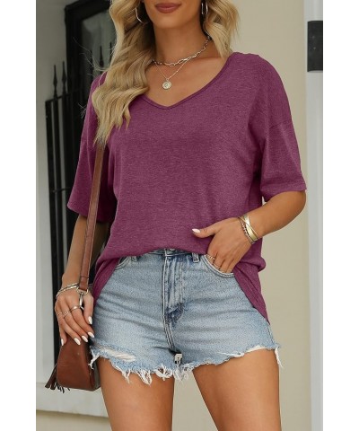 Women's Half Sleeve T Shirts Fashion V Neck Oversized Loose Tops Solid Casual Basic Blouses Wine $14.49 T-Shirts