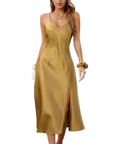 Womens Satin Dress Backless Spaghetti Strap Cocktail Dress Wedding Guest Evening Party Midi Dresses with Slit Rich Gold $25.3...