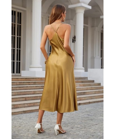 Womens Satin Dress Backless Spaghetti Strap Cocktail Dress Wedding Guest Evening Party Midi Dresses with Slit Rich Gold $25.3...