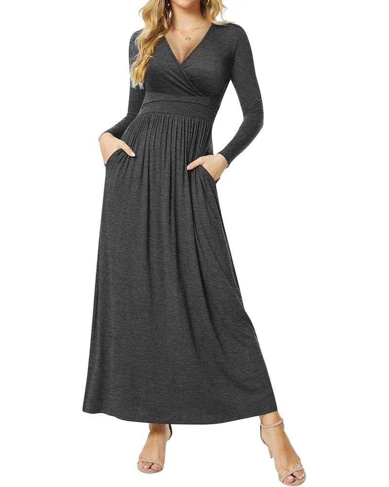 Women's Dresses Deep V-Neck Long Sleeve Empire Waist Long Dress Casual with Pockets Long Sleeve Dark Gray $17.39 Dresses