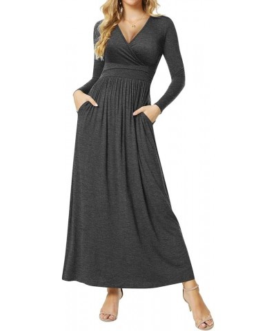 Women's Dresses Deep V-Neck Long Sleeve Empire Waist Long Dress Casual with Pockets Long Sleeve Dark Gray $17.39 Dresses