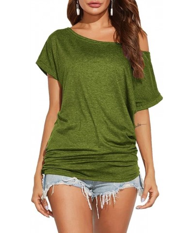 Women's Summer Off Shoulder Shirts Casual Loose Short Sleeve Tunics Tops Army Green $13.44 Tops