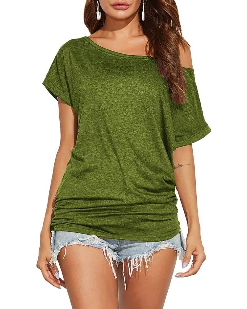 Women's Summer Off Shoulder Shirts Casual Loose Short Sleeve Tunics Tops Army Green $13.44 Tops