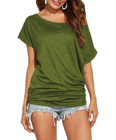 Women's Summer Off Shoulder Shirts Casual Loose Short Sleeve Tunics Tops Army Green $13.44 Tops