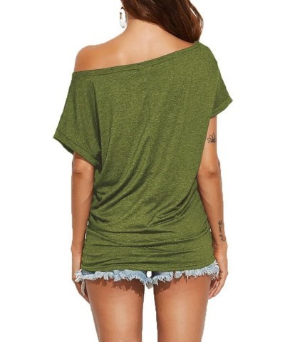 Women's Summer Off Shoulder Shirts Casual Loose Short Sleeve Tunics Tops Army Green $13.44 Tops