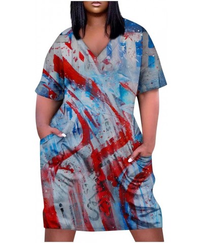 4Th of July Dress Women 2023 Plus Size American Flag Printed V-Neck Short Sleeve T Shirt Dress with Pockets Patriotic Outfits...