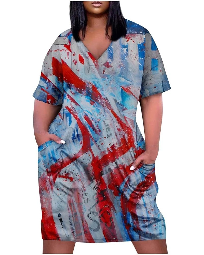 4Th of July Dress Women 2023 Plus Size American Flag Printed V-Neck Short Sleeve T Shirt Dress with Pockets Patriotic Outfits...