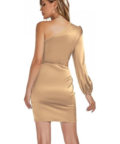 Women's One Shoulder Cut Out Side Wraped Tie Long Sleeve Bodycon Mini Dress Khaki $19.80 Dresses