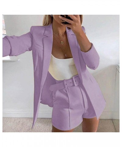 3 Piece Blazers for Women Open Front Blazer and Shorts with Belt Sets Sexy Business Casual Outfits Oversized Jackets 04_purpl...