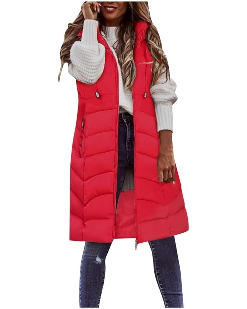 Long Puffer Vest Women Plus Size Puffer Jacket With Hood Long Vest for Women Sleeveless Puffer Down Coats B Red $11.15 Vests