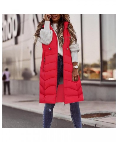 Long Puffer Vest Women Plus Size Puffer Jacket With Hood Long Vest for Women Sleeveless Puffer Down Coats B Red $11.15 Vests