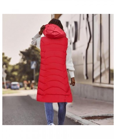 Long Puffer Vest Women Plus Size Puffer Jacket With Hood Long Vest for Women Sleeveless Puffer Down Coats B Red $11.15 Vests