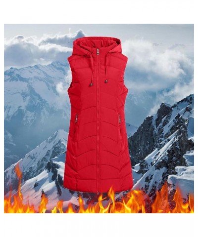 Long Puffer Vest Women Plus Size Puffer Jacket With Hood Long Vest for Women Sleeveless Puffer Down Coats B Red $11.15 Vests