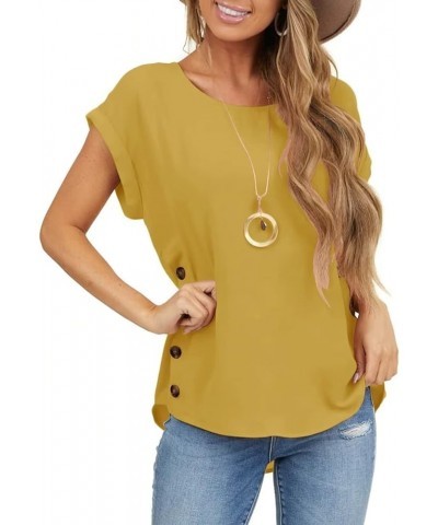 Women's Short Sleeve Tops Crew Neck Side Button Shirts Casual Loose Fit T-Shirt Ginger Yellow $11.99 T-Shirts