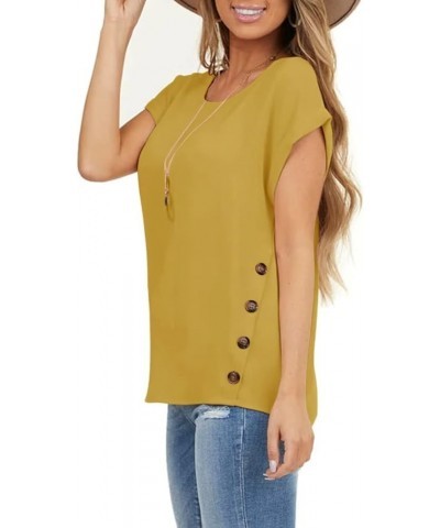 Women's Short Sleeve Tops Crew Neck Side Button Shirts Casual Loose Fit T-Shirt Ginger Yellow $11.99 T-Shirts