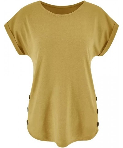 Women's Short Sleeve Tops Crew Neck Side Button Shirts Casual Loose Fit T-Shirt Ginger Yellow $11.99 T-Shirts