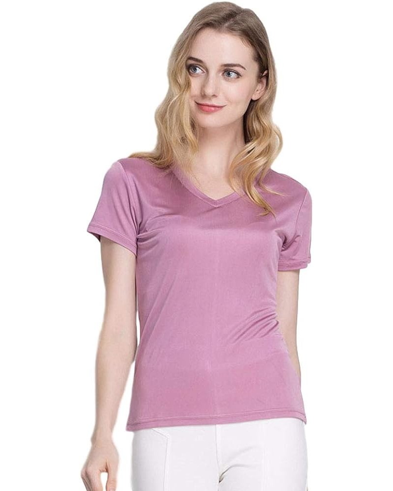 Women's Silk Blouse,Loose Wear&Short Sleeves&V Collar,Mulberry Silk,7 Colors,女士真丝衬衫 Purple $16.44 Blouses