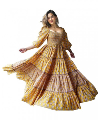 Womens' Cotton Floral Printed Long Ethnic Anarkali Kurta Yellow $25.19 Tops