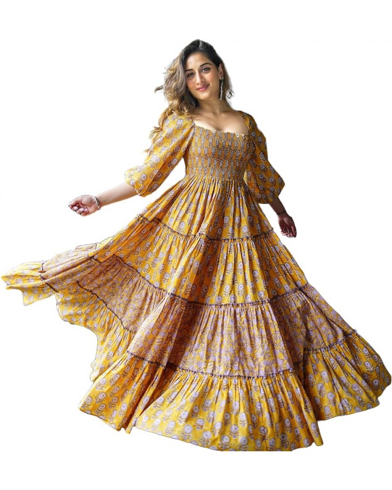 Womens' Cotton Floral Printed Long Ethnic Anarkali Kurta Yellow $25.19 Tops