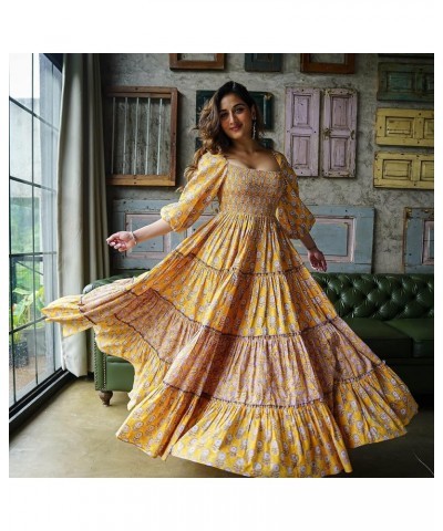 Womens' Cotton Floral Printed Long Ethnic Anarkali Kurta Yellow $25.19 Tops