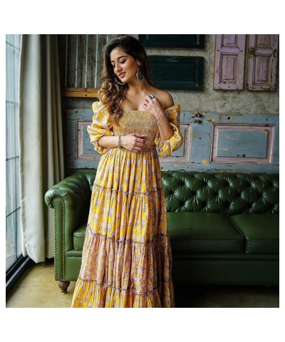 Womens' Cotton Floral Printed Long Ethnic Anarkali Kurta Yellow $25.19 Tops