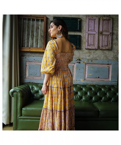 Womens' Cotton Floral Printed Long Ethnic Anarkali Kurta Yellow $25.19 Tops