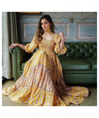 Womens' Cotton Floral Printed Long Ethnic Anarkali Kurta Yellow $25.19 Tops