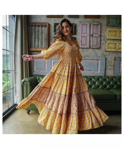 Womens' Cotton Floral Printed Long Ethnic Anarkali Kurta Yellow $25.19 Tops