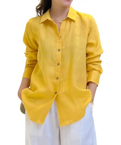 Classic Linen Relaxed Shirt Womens Collar Long Sleeves Shirt Tunic Yellow $16.80 Tops