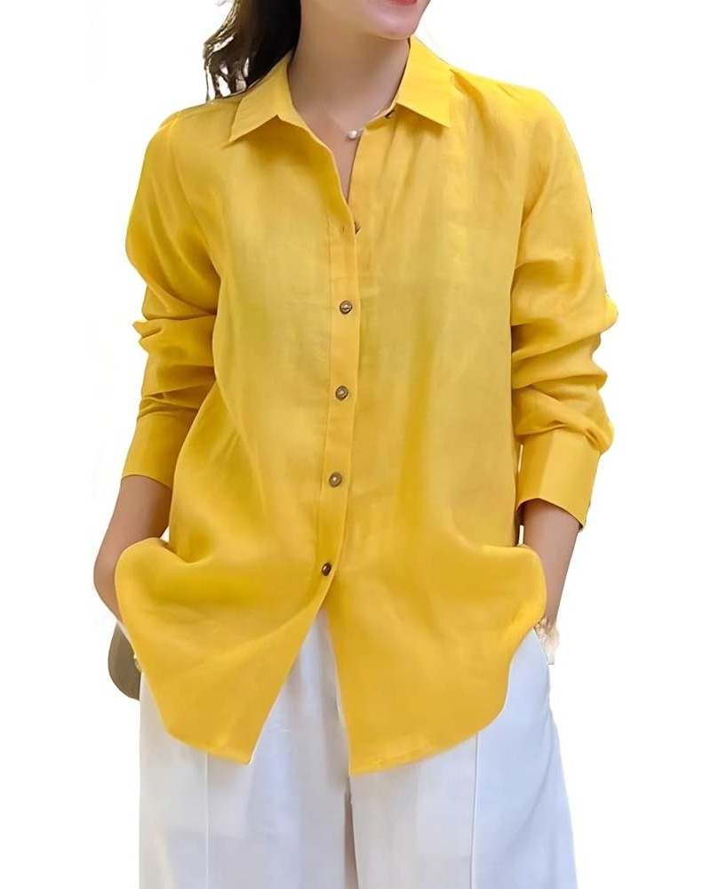 Classic Linen Relaxed Shirt Womens Collar Long Sleeves Shirt Tunic Yellow $16.80 Tops