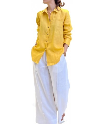 Classic Linen Relaxed Shirt Womens Collar Long Sleeves Shirt Tunic Yellow $16.80 Tops