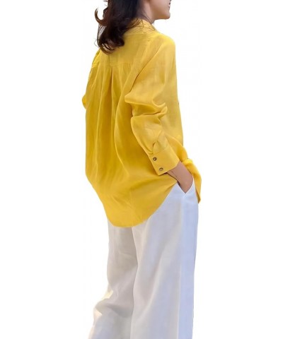 Classic Linen Relaxed Shirt Womens Collar Long Sleeves Shirt Tunic Yellow $16.80 Tops